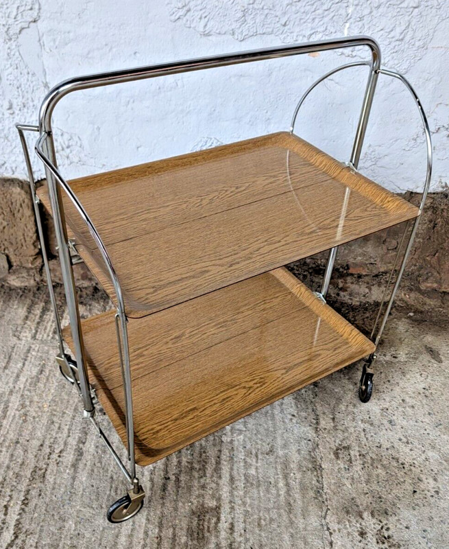 Dinette Serving Cart Tea Cart Table Side Table Oak Bar Chrome 70s WOW gallery