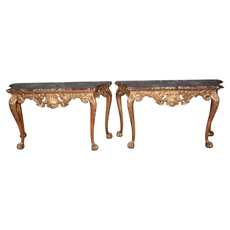 Fine and Rare Pair Carved Walnut English Georgian Giltwood Console Tables