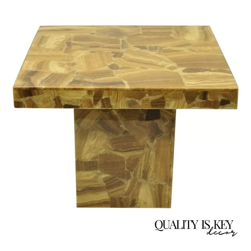 Vintage Mid Century Modern Lacquered Resin Onyx Mosaic Brown Square Side Table