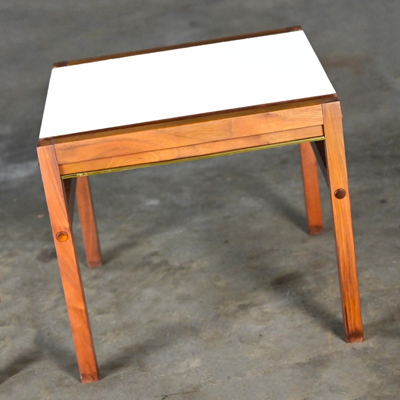 Mid Century Modern Small Square Side Table Teak with White Laminate Top gallery