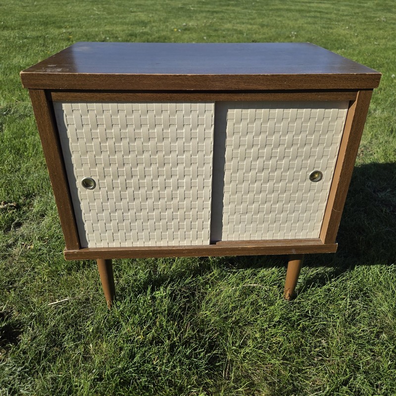 Vintage Vinyl Record Storage Cabinet Wood MCM White Sliding Doors LP Music Album