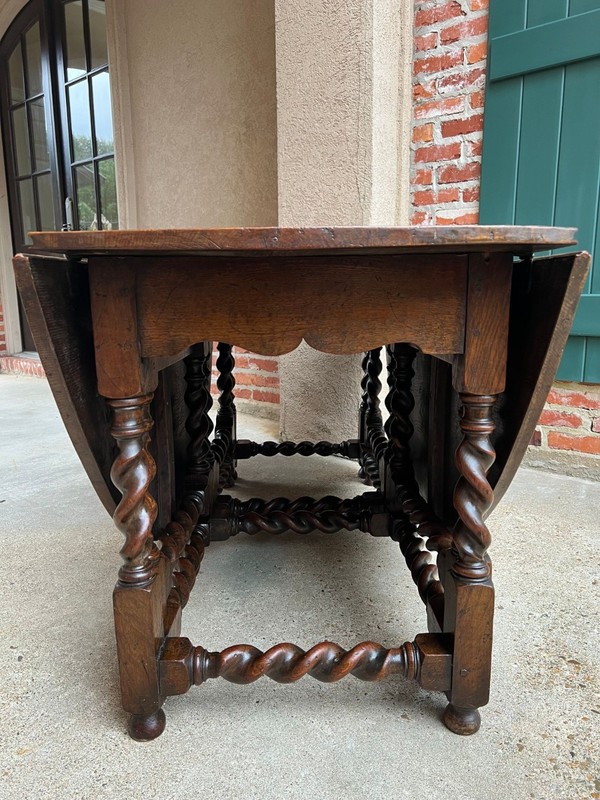 Antique English Wake Dining Table Drop Leaf BARLEY TWIST Jacobean Oak Console gallery