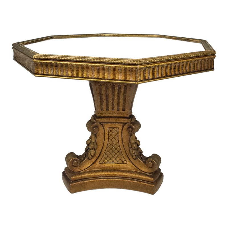 Italian Baroque End Table Vintage Gilded Carved Wood Pedestal Marble Glass Top