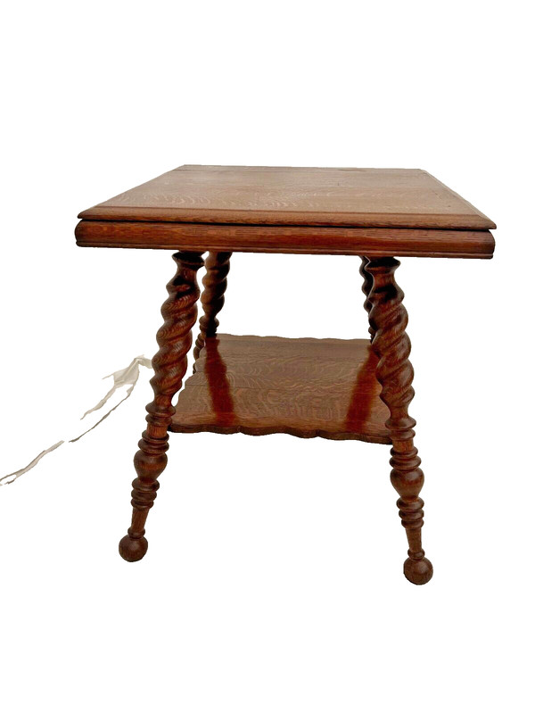 Antique Victorian Table bottom shelf Tiger Oak Thick Barley Twist legs Ball feet gallery