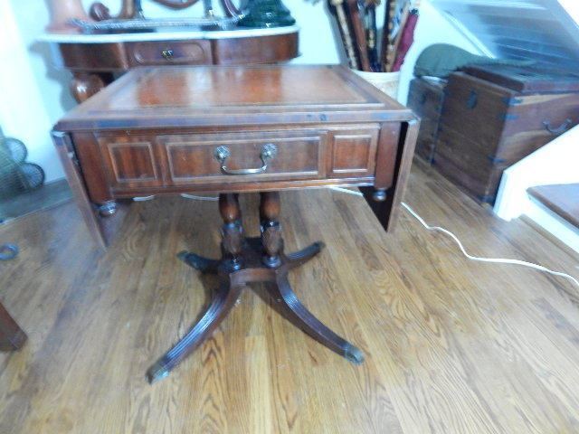 Antique Mahogany Drop Leaf Table W/ Tooled Leather Top and Leaves gallery