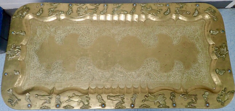 MCM Ornate Brass Tray Table w/ Spider Leg Base 47x23 Raised Animals Border Boho gallery