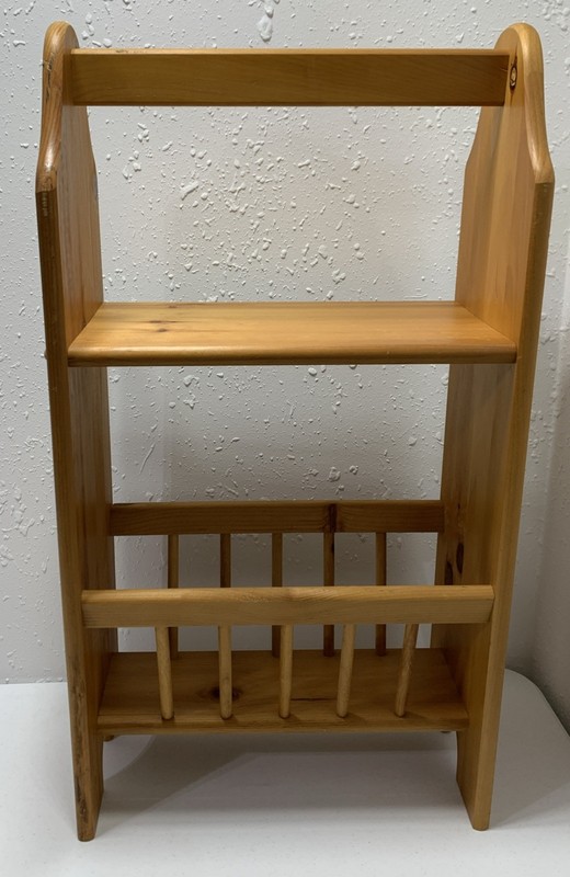 Vintage Country Rustic Wood Side Table Magazine Rack Shelf With Handle