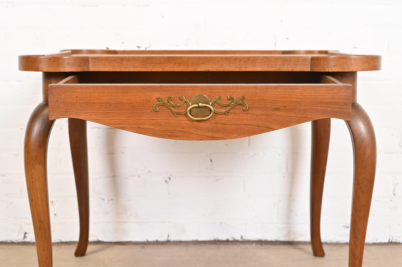 1960s Baker Furniture French Provincial Louis XV Cherry and Burl Wood Tea Table gallery