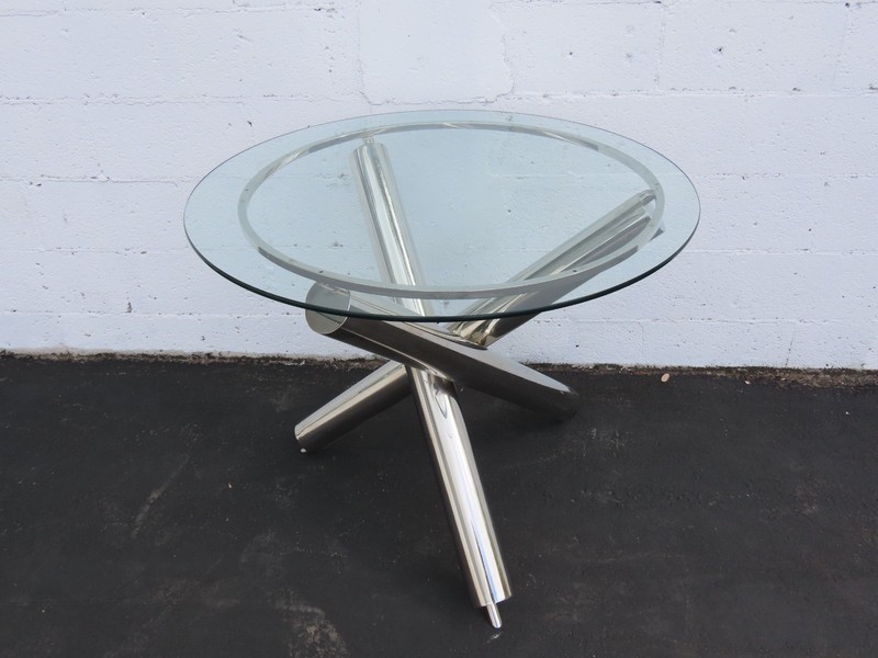Milo Baughman style Chrome Glass Top Jax Tables a Pair 6571D gallery