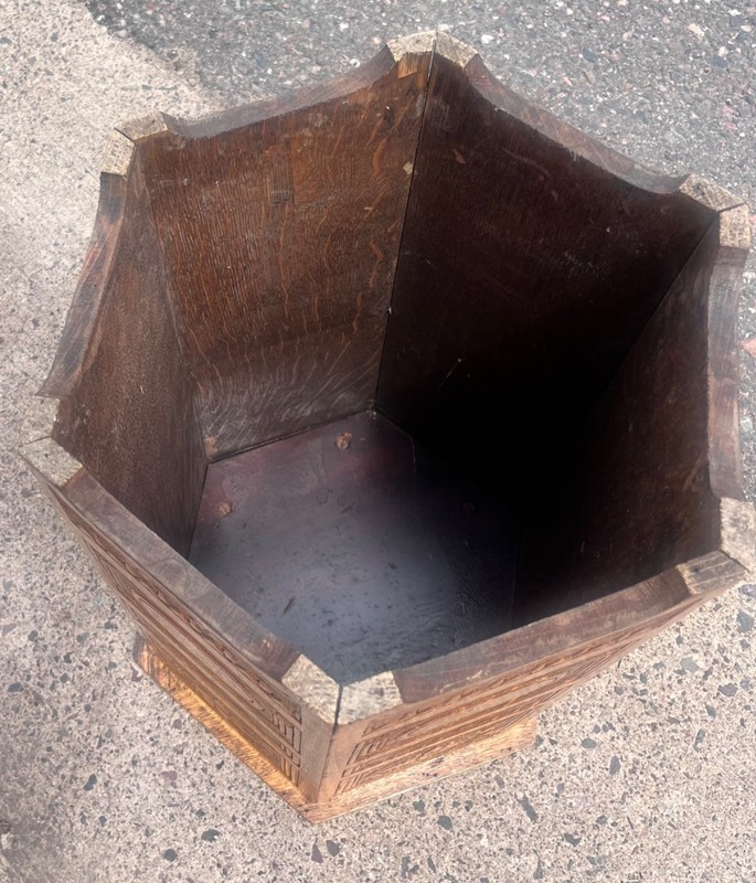 Antique 1910s Arts & Crafts Carved Oak Hexagon TABOURET Plant Stand Side Table gallery