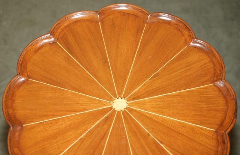 A MUST SEE VINTAGE ORNATELY HAND CARVED TRIPOD SIDE TABLE IN SATINWOOD & WALNUT gallery