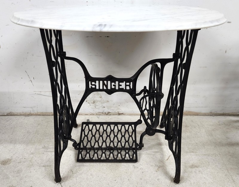 Antique Singer Iron Table Carrara Marble Top gallery