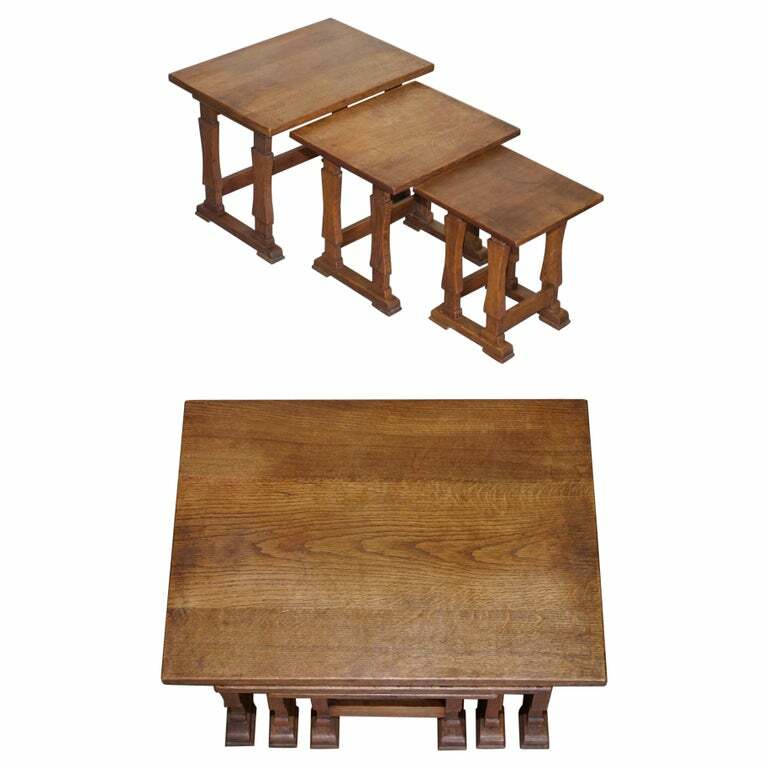SOLID ENGLISH OAK NEST OF THREE LARGE SIDE END LAMP WINE OCCASIONAL TABLES