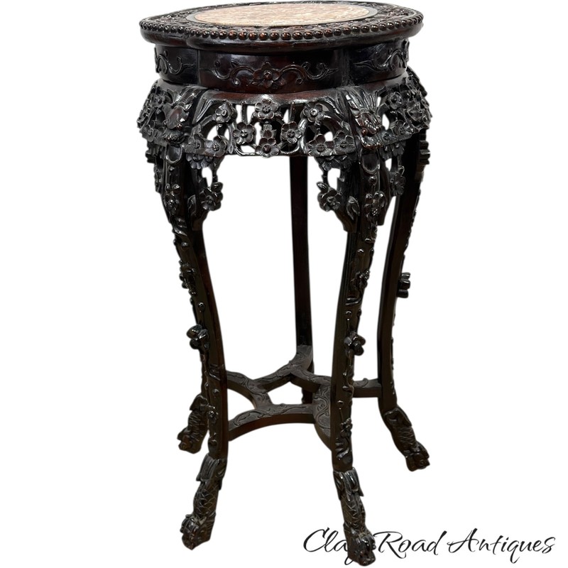 Antique carved rosewood Chinese plant fern stand pedestal marble top table stand gallery