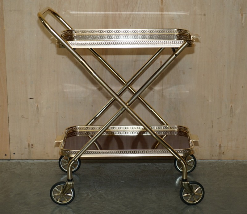 MID CENTURY FOLDING ROSEWOOD BRASS 1950'S DRINKS TROLLEY WITH REMOVABLE TRAYS gallery