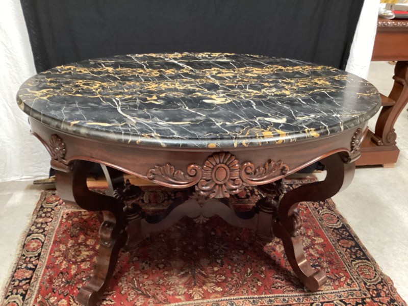 Antique Victorian large marble top table mahogany circa 1850 attributed to Meeks gallery