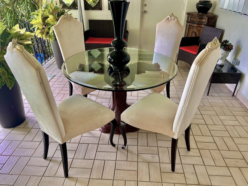 Hand-Carved Solid Mahogany Wood Dining Table with Beveled Glass Top. D48” X H30”