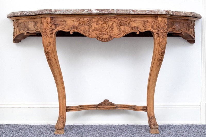 19th Century Louis XV Style Marble And Carved Oak Console Table