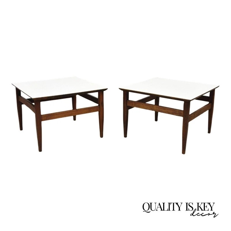 Vintage Mid Century Modern Walnut Base Laminate Top Low Side Tables – a Pair