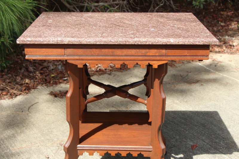 Walnut Victorian Marble Top Eastlake Parlor Table with Display Shelf ~ Ca.1880 gallery