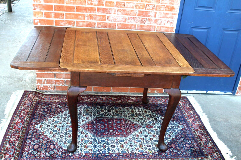 English Antique Queen Anne Oak Draw Leaf Kitchen Table gallery