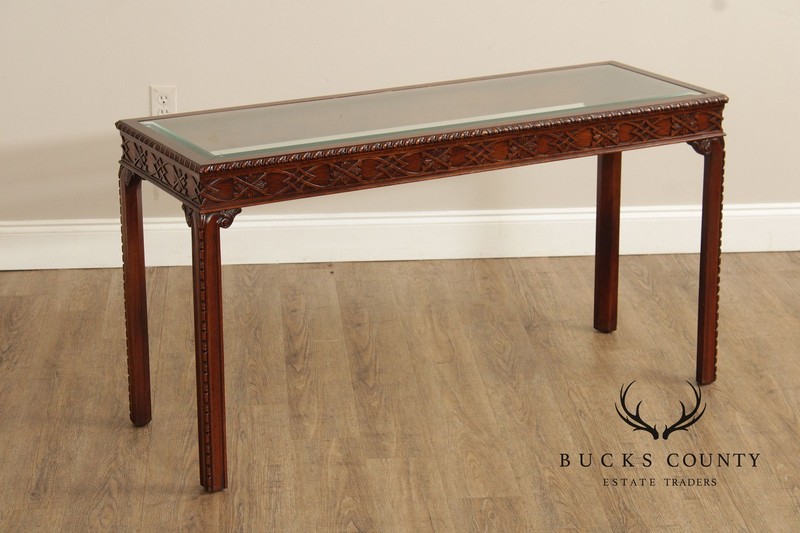 Chinese Chippendale Style Glass Top Mahogany Console Table gallery