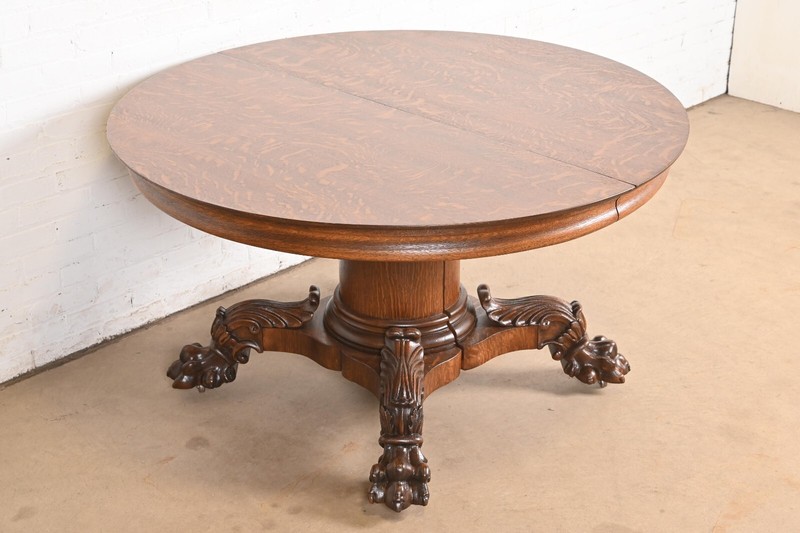 George C. Flint Co. Antique Victorian Oak Split Pedestal Extension Dining Table gallery
