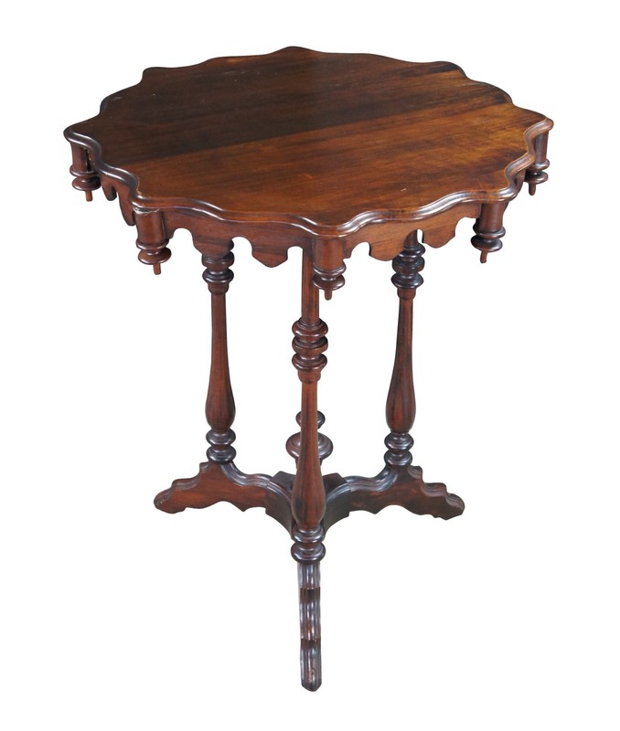 Antique Walnut Gothic Revival Scalloped Parlor Pedestal Center Table Stand