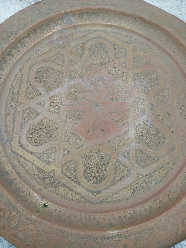 Vntg Old Middle Eastern Inlayed Wood & 20" Engraved Brass Tray Top Folding Table gallery