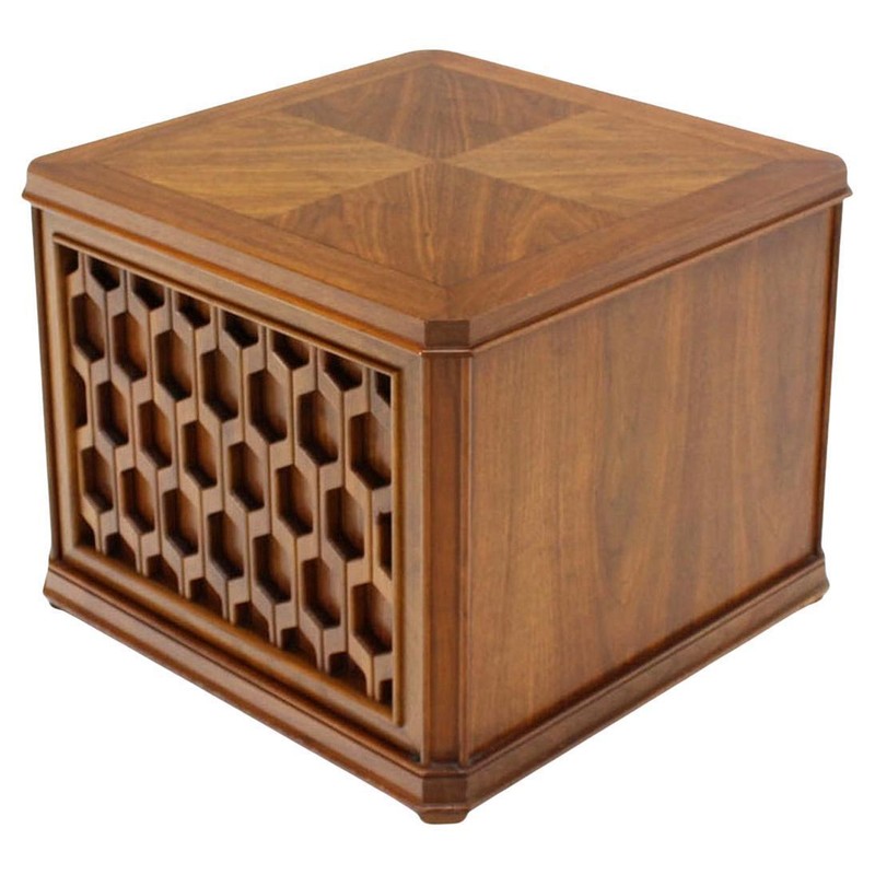 Walnut Carved Honeycomb Pattern One Door Cube Square Shape Side End Table Stand