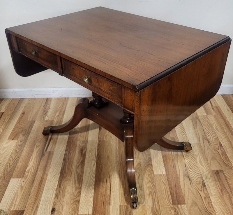 19th C ENGLISH Regency Carved & Brass Inlaid Rosewood Drop Leaf SOFA TABLE Desk gallery