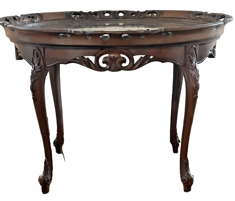 Early 1900s Hand Carved Oval Butlers Coffee Table Tea Table Glass Serving Tray gallery