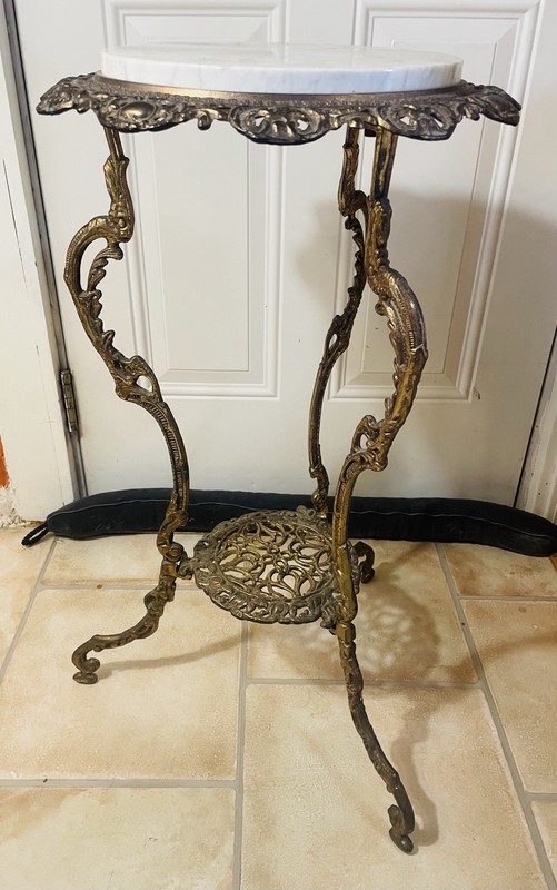 Antique French Art Nouveau Two-Tier Brass Italy Marble Plant Stand Side Table gallery