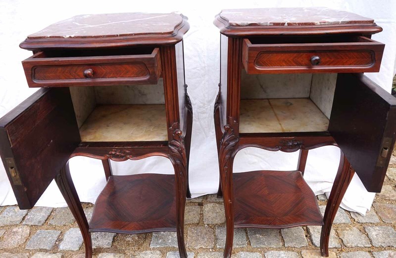 French Carved Rosewood Red Marble Pair Night Stand Side Table Louis XV Style 19C gallery
