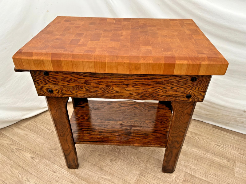Vintage Butcher Block Carving Table Oak Base with Drawer Shelf End cut Maple top gallery
