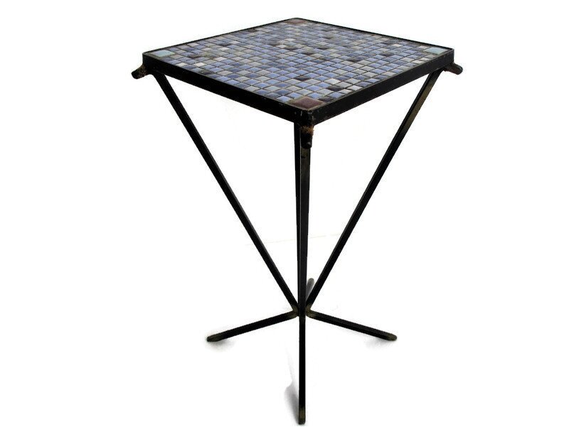 Vintage Small Side Table Plant stand Mosaic tiles Checkered pattern Wrought Iron