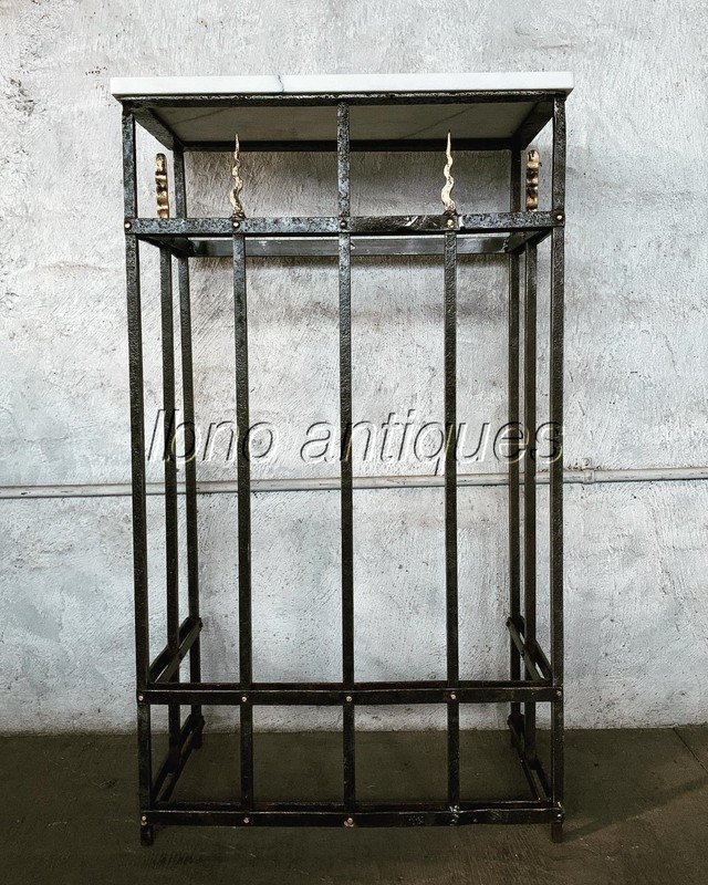 1900’s WORIGHT IRON PETITE WALL CONSOLE TABLE W/ MARBLE TOP. “FLAMES” DETAILS