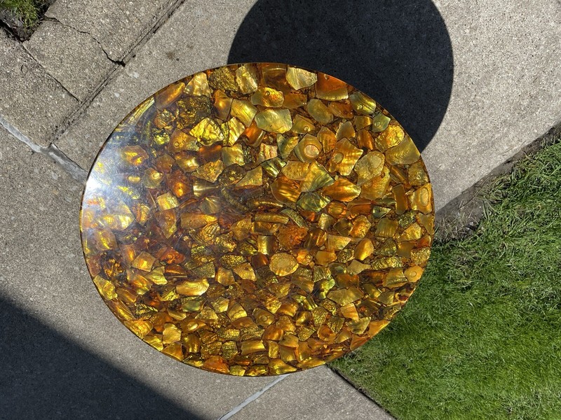 Vintage pair of mother of pearl amber colored patio / Garden tables gallery