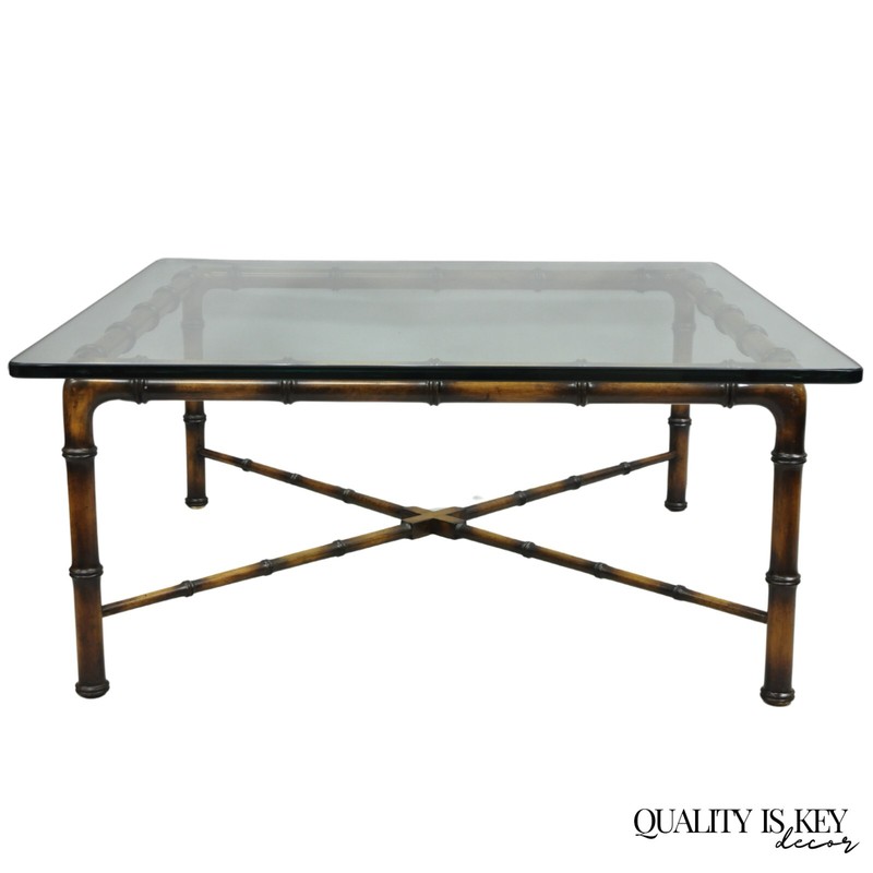 Vintage Hollywood Regency Chinese Chippendale Faux Bamboo Square Coffee Table