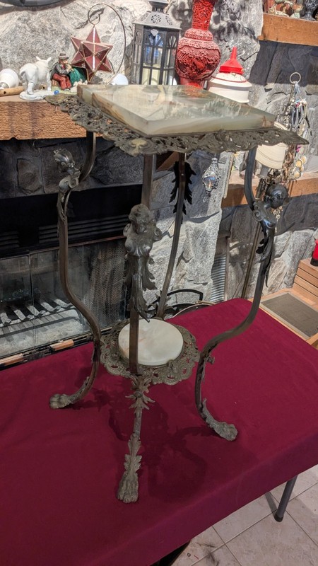 Cast Iron & Onyx Plant Fern Stand Table Statue Pedestal CHERUB CORNERS