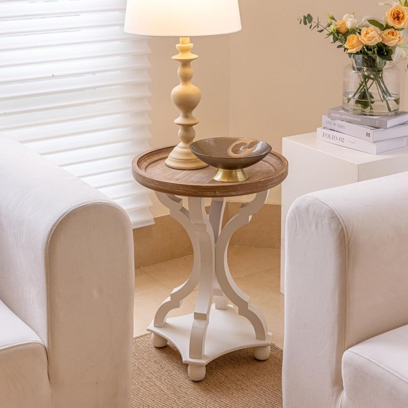 COZAYH Round Rustic Wooden Accent Tray Top Nightstand Side Table, White Legs gallery