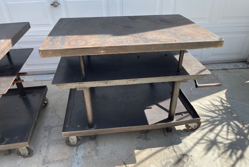AMAZING LARGE HEAVY METAL VINTAGE INDUSTRIAL MECHANICAL TELESCOPING TABLES (2) gallery
