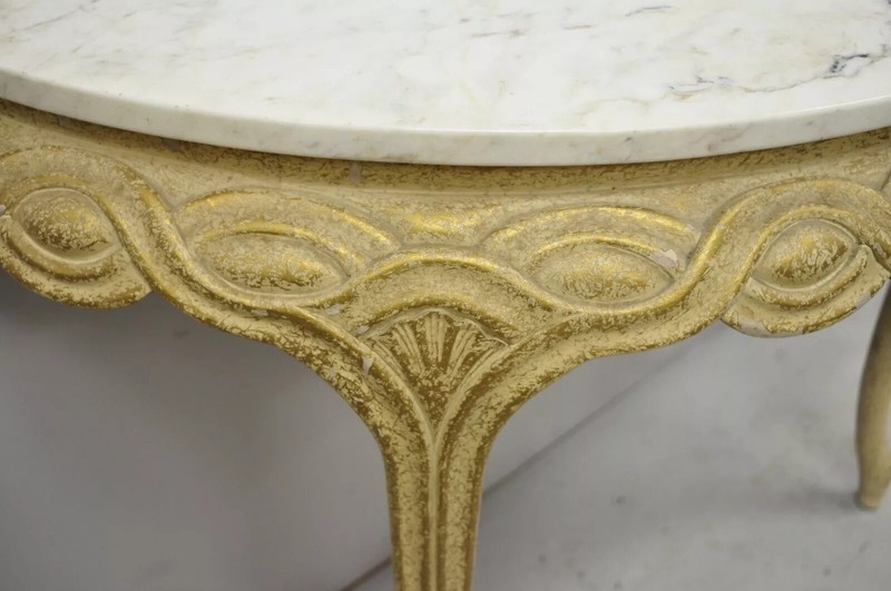 Italian Neoclassical Half Round Demilune Marble Top Ribbon Carved Console Table gallery