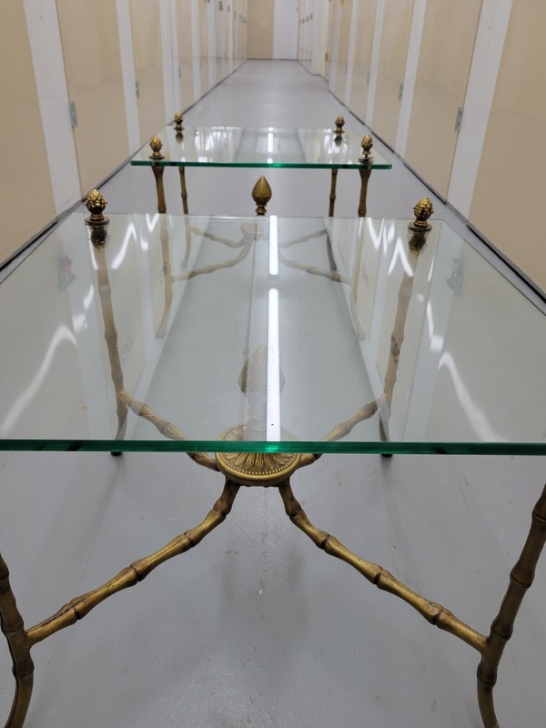 Pair Square Glass , Bronze Bagues Style Faux Bamboo table 1960 gallery
