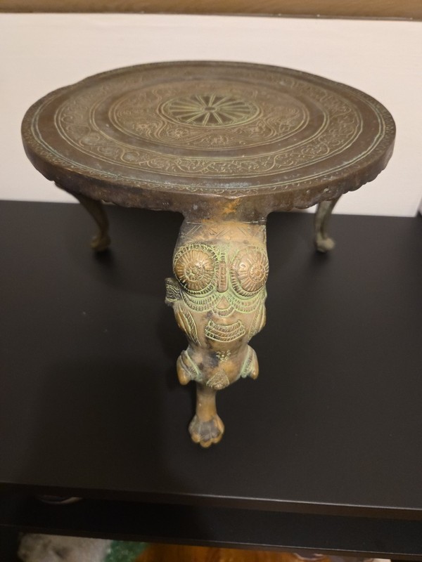Antique Solid Brass Table/Stand-Chowki W/Mythical Yali As Legs 7.5″h 10″Diameter