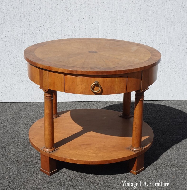 Vintage Neoclassical Baker Side Table Stand w Round Sunburst Table Top & Drawer