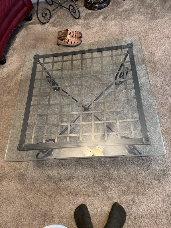 CHARLESTON FORGE 36” WROUGHT IRON WEBBED COFFEE TABLE BEVELED GLASS EDGE TOP