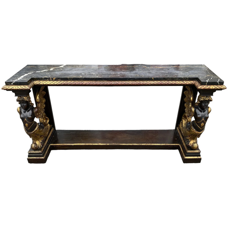 19th/20th c Gilt & Ebonized Marble Top Pier Table with Winged Caryatid Supports