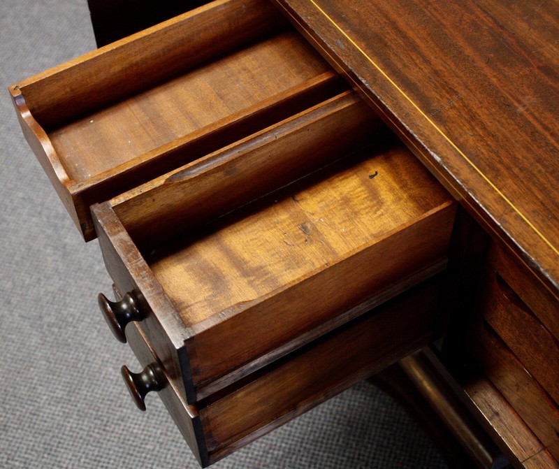 Antique Mahogany SEWING WORK SIDE TABLE.Drop-Leaf Sides. Inlaid Doors + Pulls. gallery