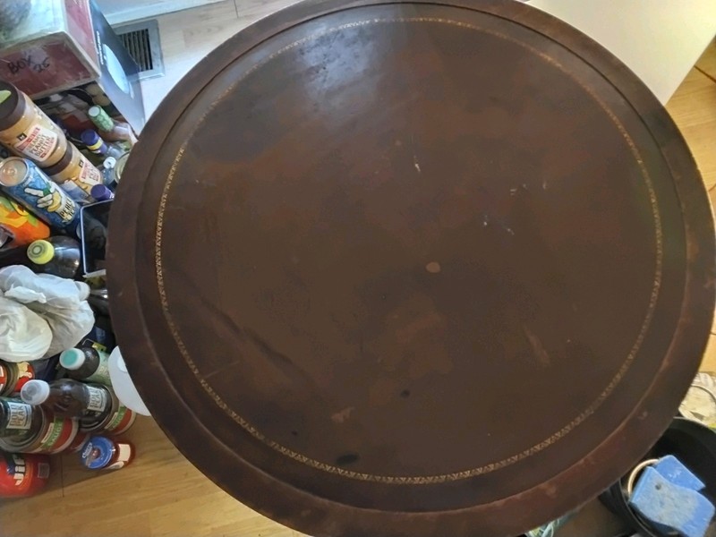 Antique/Vintage Drum Table w/Leather Inlaid Top, One Drawer, and Brass Claw Feet gallery